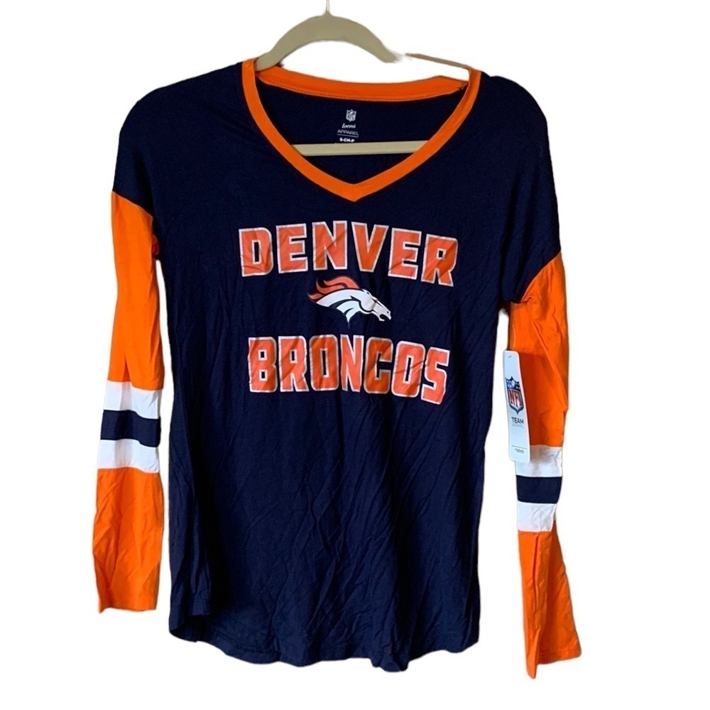 NFL Denver Broncos V-Neck Long Sleeve Tee NWT, Navy/Orange, Size S Game Day Fan